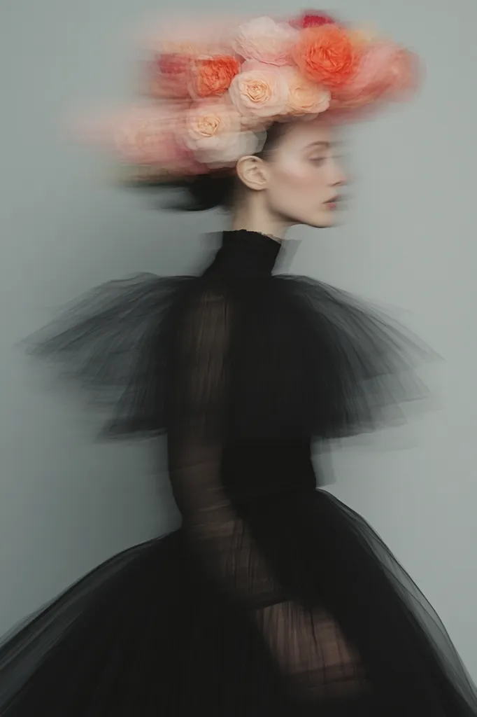The image shows a woman wearing a black tulle dress with a crown of pink and orange roses on her head. The roses are in motion, creating a blurry effect that adds a sense of movement and dreaminess to the image. The woman's face is partially obscured by the flowers, but her expression is serene and thoughtful. The background is a simple gray, which helps to draw attention to the subject. The overall effect is one of ethereal beauty and femininity.