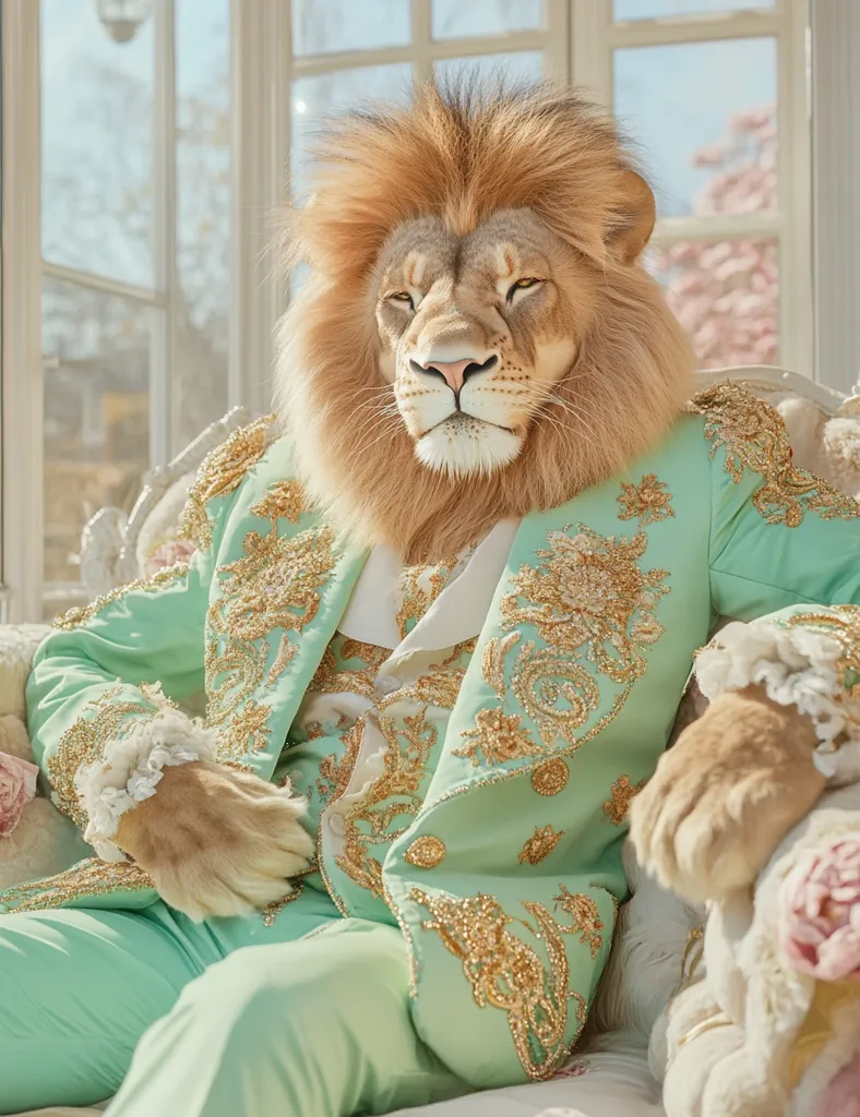 A lion, wearing a light green suit with gold embroidery, sits in a white armchair. The lion has a serious expression, and its paw rests on the arm of the chair. The room is bright, with a window behind the lion and sunlight streaming in. The lion's mane is thick and fluffy, and its eyes are a deep brown. The scene evokes a sense of royalty and grandeur.