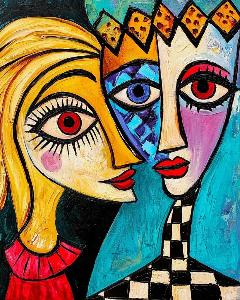 The painting is a close-up of two faces, a woman with blonde hair and a man wearing a crown and a checkerboard pattern. The woman's face is turned towards the man, and her expression is one of love and adoration. The man's face is slightly obscured by his crown, but his expression appears to be one of amusement and delight. The painting is done in a bold, expressive style with vibrant colors. The thick brushstrokes and exaggerated features give the painting a whimsical and playful feel. The painting evokes a sense of romance and joy, suggesting a loving relationship between the two individuals.