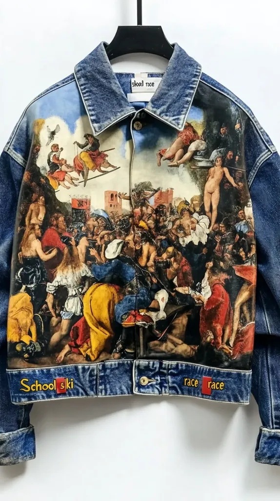 The image shows a denim jacket with a large print of a Renaissance-era painting on the front. The painting depicts a scene of chaos and commotion, with many figures in elaborate clothing. The jacket is blue with a distressed look, and it has the words "School ski" and "race" printed on the bottom in red and yellow.  The jacket is hanging on a hanger against a white background.  The jacket is a unique and eye-catching piece of clothing.