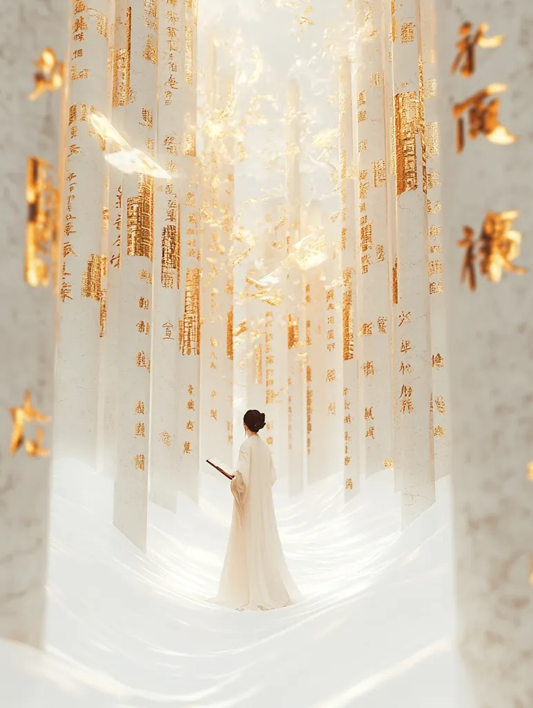 A woman in a white gown walks through a ethereal, white and gold,  hallway. The walls are covered in  tall, white slabs inscribed with golden text. The air is filled with glimmering, golden particles. The scene is bathed in a soft, ethereal light, giving it a dreamlike quality.