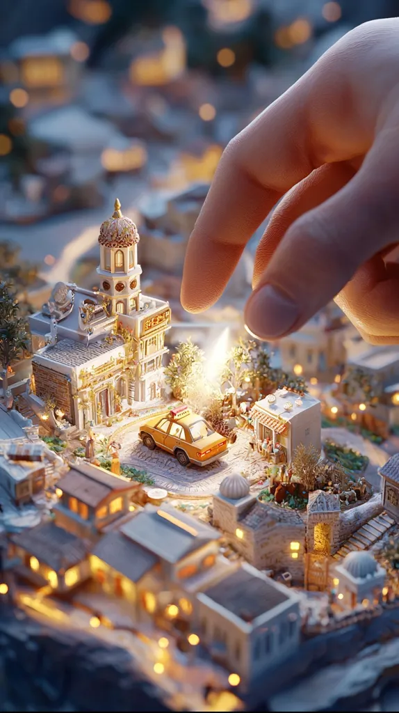 A hand hovers over a miniature cityscape, casting a shadow on the scene. The city is filled with intricate details, including a tall building with a dome, a yellow cab, and small houses with lit windows. The miniature scene creates a sense of wonder and invites the viewer to imagine the bustling life within the tiny town.  The background is blurred, emphasizing the focus on the miniature world.