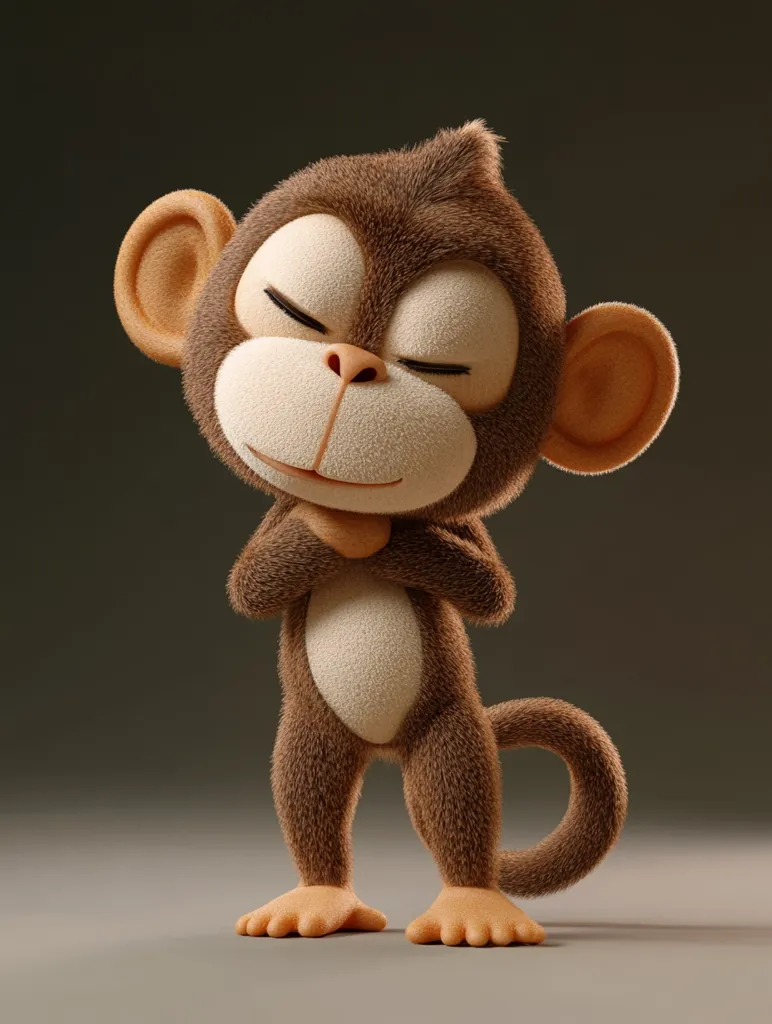 A cute, cartoon monkey stands with its arms crossed and eyes closed, a small smile playing on its lips. It's a 3D rendering with a soft, fluffy texture, showcasing its playful and happy demeanor. The monkey's large ears and curled tail add to its charming appearance, set against a simple, grey background.