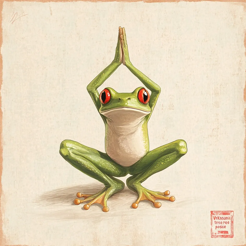A green frog with large red eyes sits in a yoga pose called the "Vriksasana" or "tree pose".  It has its hands clasped above its head and its legs crossed in a squat.  The frog is illustrated in a cartoon style and has a happy expression on its face.  The background is a beige parchment with a red stamp in the corner.