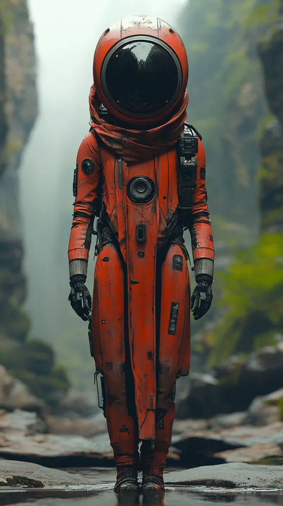 A futuristic astronaut, clad in a red, weathered suit with a large, dark visor, stands in a damp, rocky environment. The suit has intricate detailing and appears to be made of multiple layers. The background is blurred, suggesting a misty forest or canyon. The astronaut's pose and expression are stoic, conveying a sense of solitude or determination.  The image evokes a sense of adventure and the unknown.