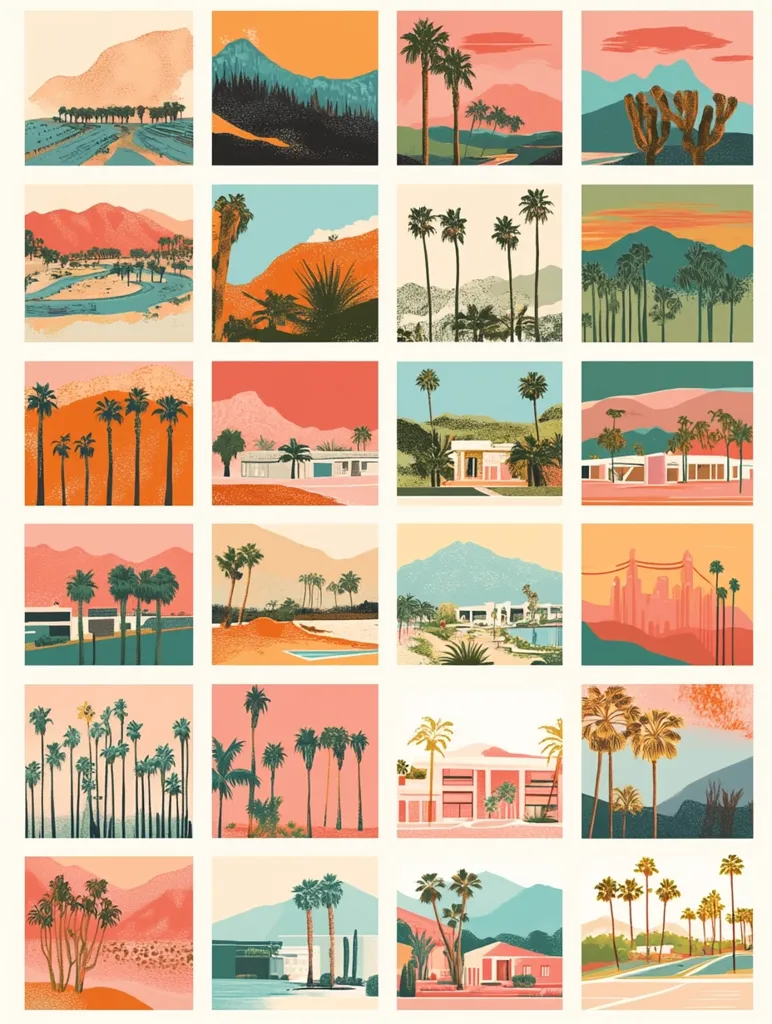 The image is a colorful collage of 16 illustrations depicting a desert landscape with palm trees, mountains, and modernist architecture. The illustrations are arranged in a grid format and feature a consistent color palette of pink, blue, orange, and green. The image evokes a sense of tranquility and serenity, transporting the viewer to a peaceful oasis in the desert.