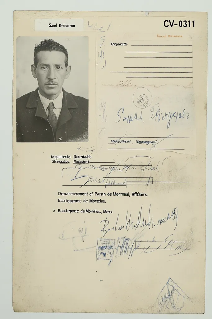 The image is a document, likely an ID card or a work permit. It is a cream-colored card with a black and white photo of a man on the left side. The card is filled out in blue ink and features a signature at the top and bottom. The man in the photo is Saul Briseño, an architect. There are some handwritten notes and stamps on the document. The document is labelled CV-0311.  The document refers to a Department of Paran de Morrnal and the city of Ecatepec de Morelos, Mexico.