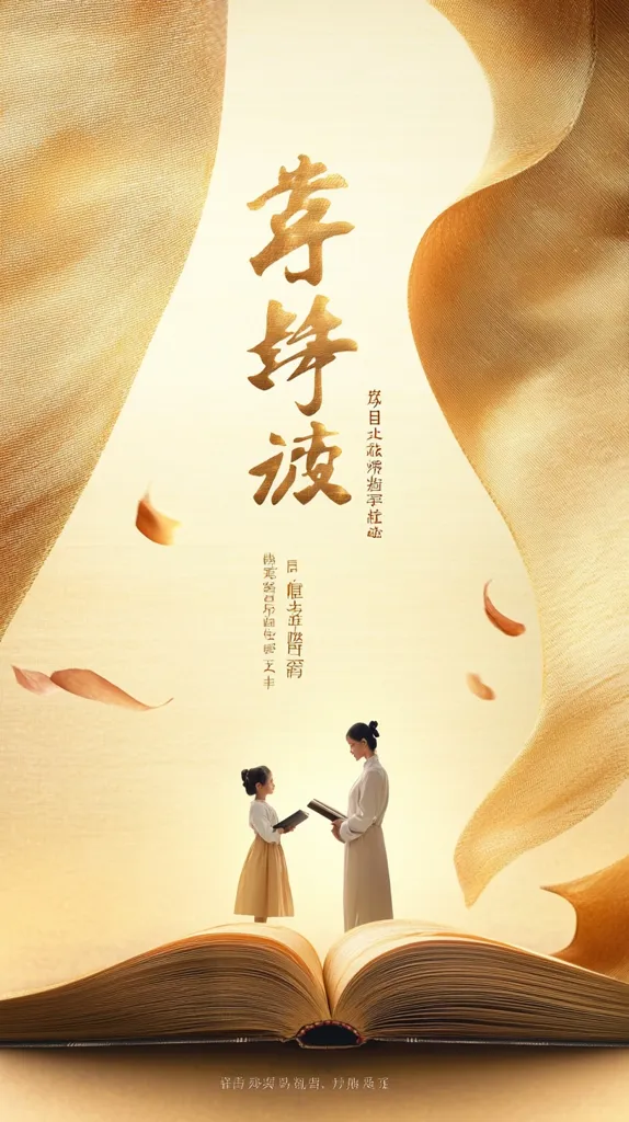 The image depicts a young girl and a woman, both holding books, standing on an open book. The backdrop is a golden, textured background with flowing fabric and Chinese characters. The overall scene conveys a sense of knowledge, learning, and the importance of reading. The image emphasizes the role of education and the power of stories.  The text on the image is written in Chinese. It is a quote about the importance of learning.