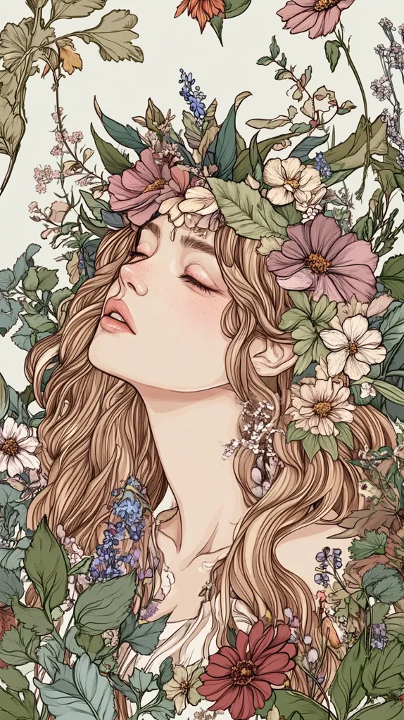 A young woman with flowing blonde hair is surrounded by a vibrant wreath of flowers. Her eyes are closed, and she appears serene and peaceful. The flowers are depicted in intricate detail, with delicate petals and leaves. The overall image conveys a sense of beauty, tranquility, and the harmony between nature and human beauty.