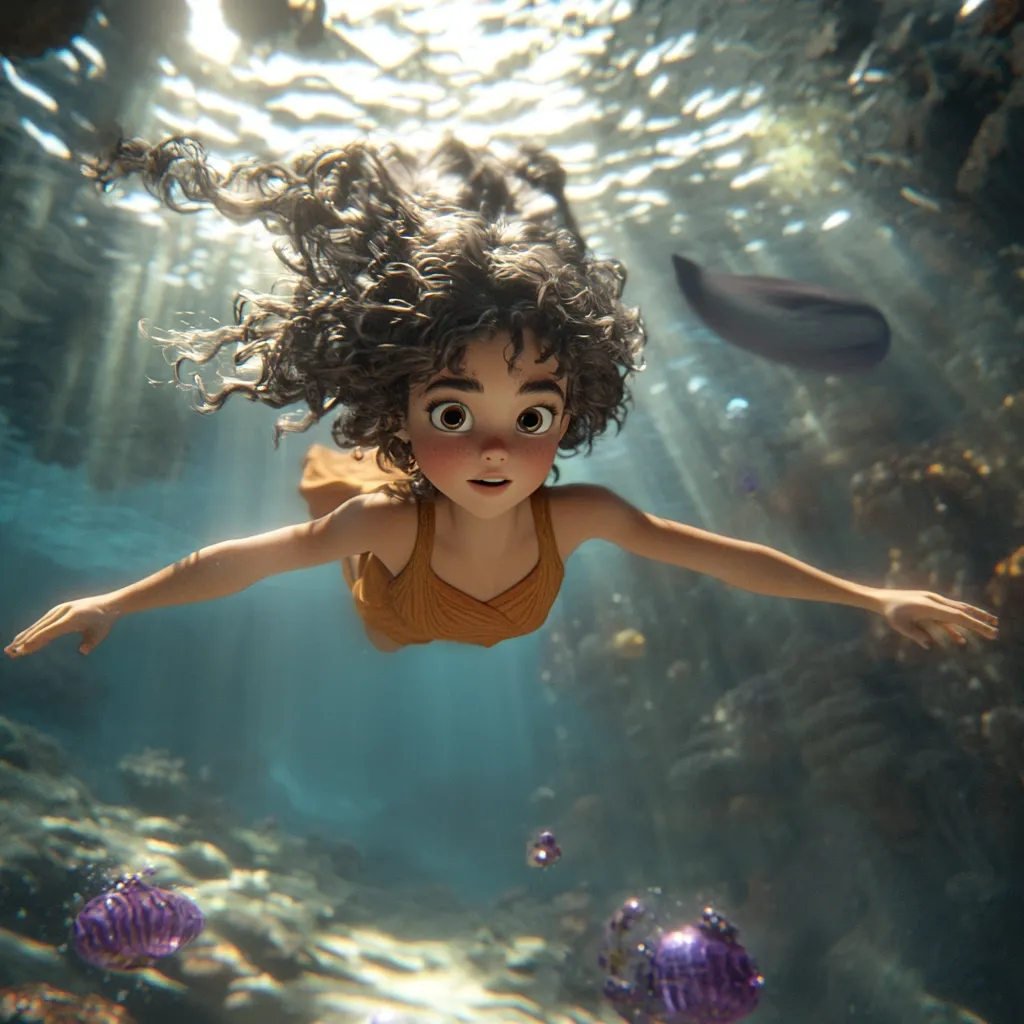 A young girl with curly brown hair, wearing a yellow sundress, swims underwater. She has large, expressive brown eyes and a look of surprise on her face. The water is clear, and sunlight streams down from above, illuminating the scene. There are rocks and coral reefs in the background, and a few small fish can be seen swimming by.  The image captures a sense of wonder and innocence, as the girl explores the underwater world.
