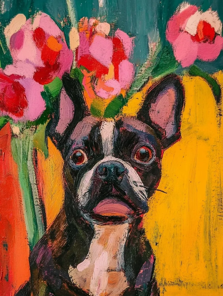 The painting depicts a black and white Boston Terrier dog with a pink tongue sticking out, sitting in front of a vase of pink flowers. The background is a vibrant yellow, contrasting with the dog's dark fur and the flowers' bright pink petals. The painting is done in a bold, expressive style, with thick brushstrokes and a vibrant color palette. The dog's playful expression and the flowers' delicate beauty create a whimsical and cheerful scene.