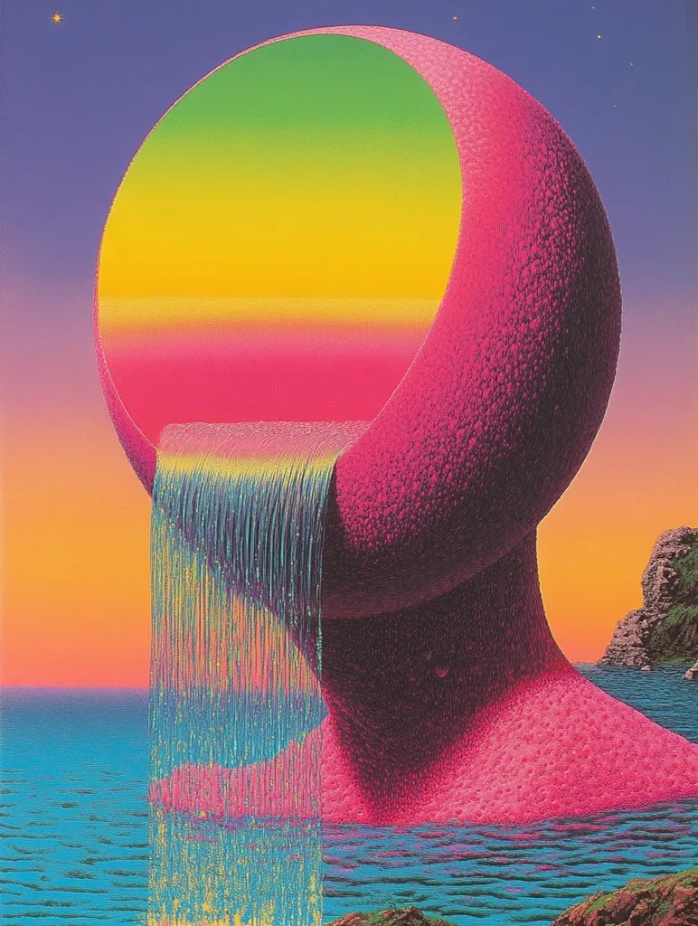 The image depicts a surreal landscape with a large, pink, spherical object partially filled with a rainbow-colored liquid that is pouring out like a waterfall into a blue body of water. The object is set against a vibrant, sunset-colored sky. The scene has a dreamy and abstract quality, creating a sense of wonder and mystery.