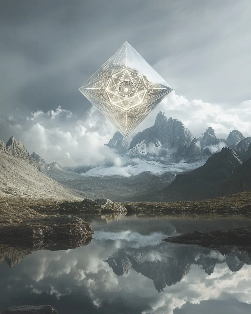A large, luminous, geometric shape hovers above a serene mountain landscape. The shape is a diamond-like structure with intricate lines, radiating a soft, white light. The mountains are snow-capped and rise dramatically from a valley floor. The scene is painted in shades of grey and white, with a reflective lake mirroring the sky and clouds. The image evokes a sense of mystery and otherworldly beauty.