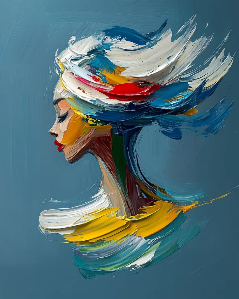 A vibrant abstract painting depicting a woman's profile. Bold strokes of blue, yellow, red, and white create a dynamic and expressive portrait. The woman's hair flows like wind, showcasing a sense of movement and energy. The use of thick, impasto paint adds texture and depth to the piece. The background is a calming blue, providing a contrast to the colorful figure.