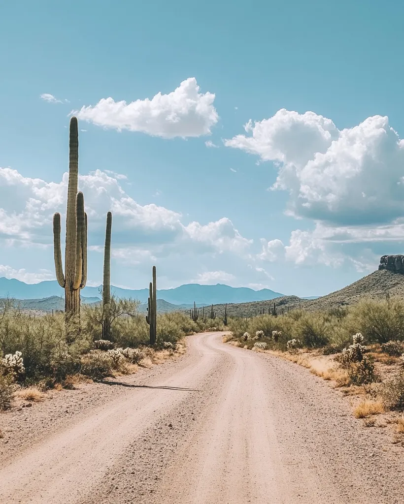 A winding dirt road leads through a desert landscape. Tall cacti stand on either side of the road, with low-lying shrubs and bushes scattered throughout. The sky is a clear blue with puffy white clouds, and the mountains in the distance are a hazy blue. The scene is one of tranquility and solitude, perfect for a peaceful drive through nature.