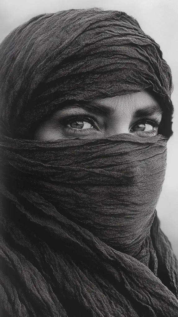 The image is a black and white portrait of a woman wearing a headscarf. The scarf is wrapped tightly around her head, covering most of her face, leaving only her eyes visible. Her eyes are large and dark, and they seem to stare directly at the viewer. The lighting is soft and diffused, creating a sense of mystery and intrigue. The woman's expression is unreadable, making it difficult to discern her thoughts or feelings. Overall, the image is striking and evocative, inviting the viewer to contemplate the woman's story and the emotions she may be experiencing.
