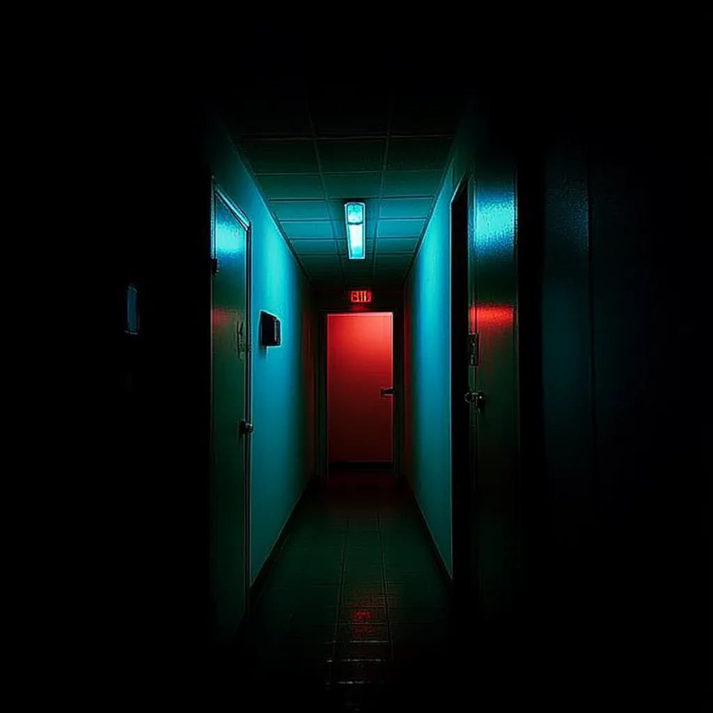 The image shows a dimly lit hallway with a red exit door at the end. The hallway is lined with white walls and there are two doors on either side of the image. The ceiling is tiled and a single fluorescent light fixture is illuminating the hallway. The walls and doors reflect a blue glow from an unseen source. The overall effect is eerie and slightly unsettling.