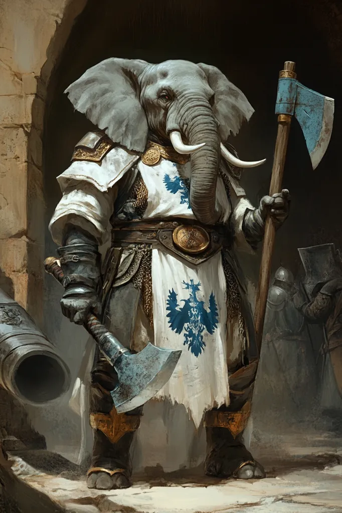 A large elephant in full knightly armor stands before a stone wall. He holds a large axe in his right hand and a smaller one in his left. His armor is decorated with a white cloak bearing a blue heraldic crest. His massive tusks are prominent, and his serious expression suggests he is ready for battle. In the background, two other knights in armor are visible, and a cannon lies partially obscured. The scene evokes a sense of strength and readiness for war.