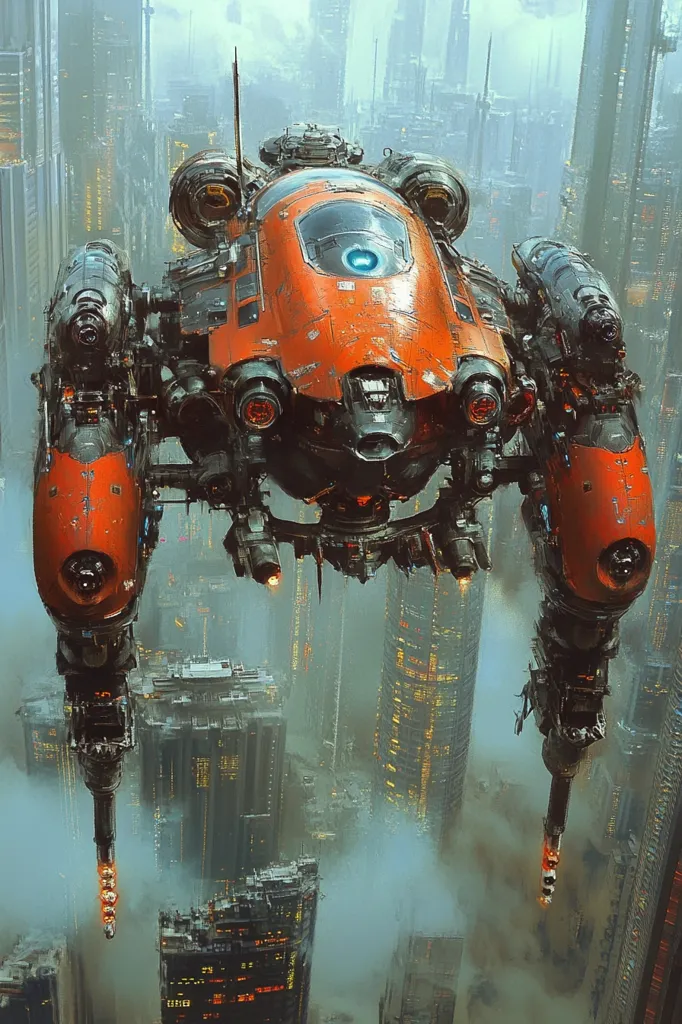 A futuristic, heavily-armed flying vehicle hovers over a dense, urban cityscape. The vehicle is orange and black, with intricate details and numerous weapons. The city is shrouded in mist and fog, creating a sense of mystery and danger. The image is reminiscent of a science fiction film, evoking themes of technology, exploration, and the unknown.  The vehicle's large, red thrusters spew flames, adding to the dynamic composition of the image.