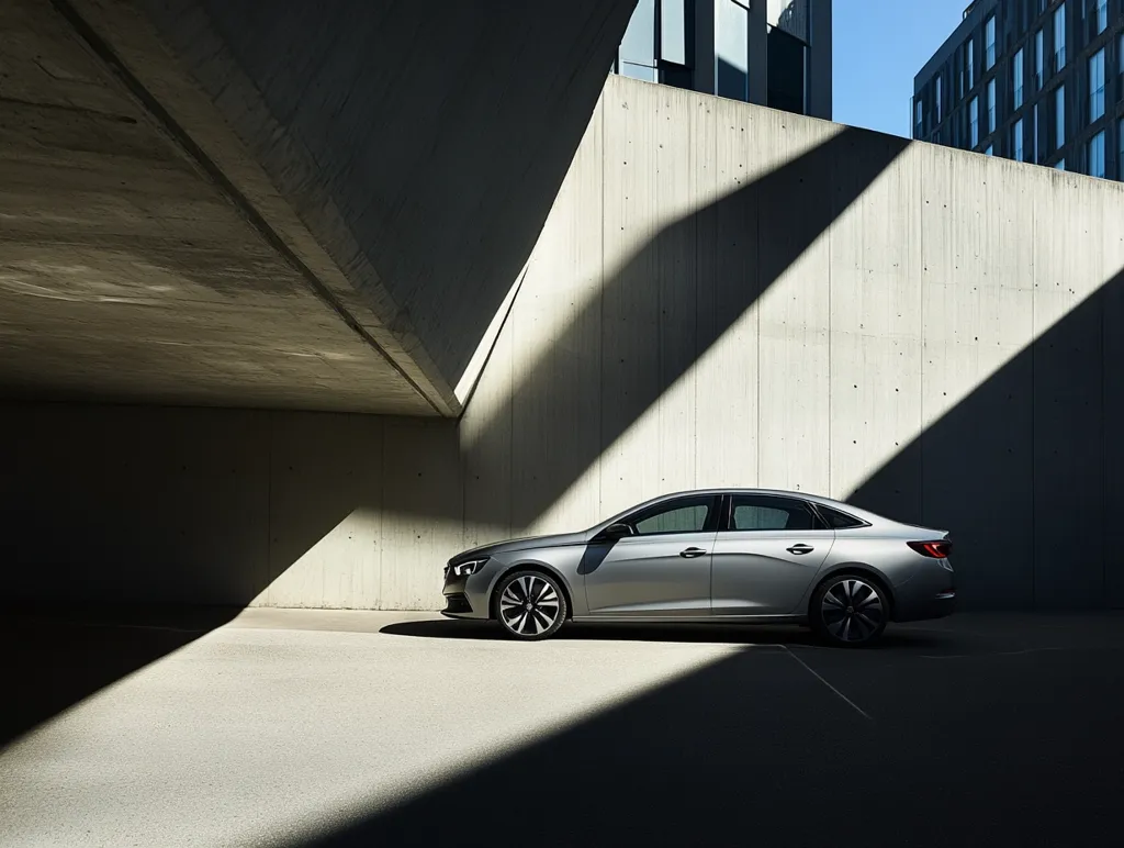 A silver sedan sits under a concrete overhang, bathed in sunlight streaming through a gap in the building. The car is parked on a paved surface and the shadows cast by the overhang create a dramatic contrast against the bright, clean lines of the vehicle. The concrete walls of the building create a stark and modern backdrop for the sleek car.
