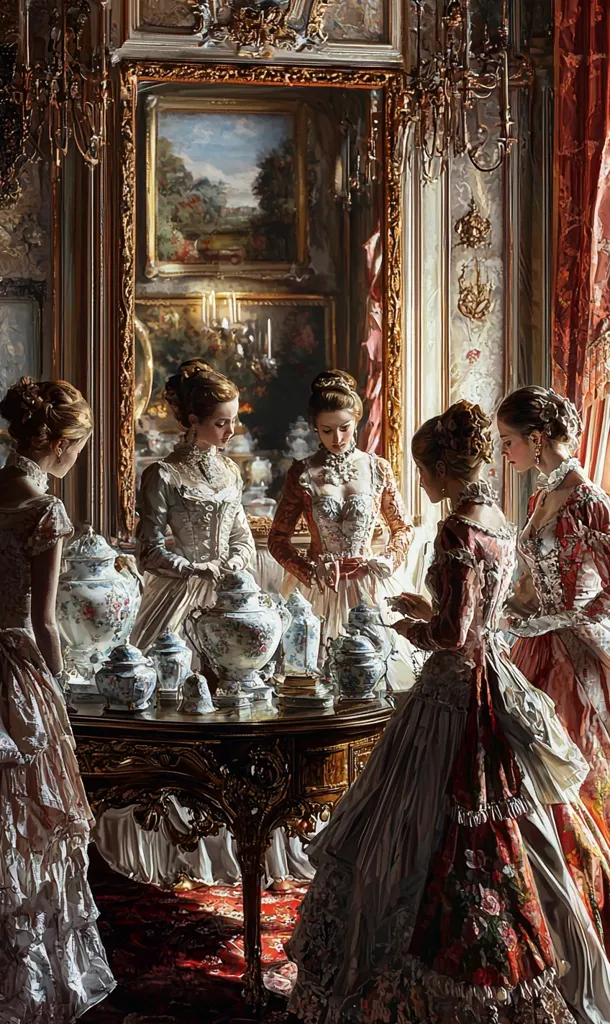Four women in elegant gowns stand in a lavish room, adorned with ornate gold detailing and chandeliers. The women are gathered around a table laden with porcelain teacups and serving dishes, their delicate hands reaching towards the elegant tea service. The room is bathed in soft light, casting long shadows on the walls and floor, creating a sense of intimacy and refinement.  The scene evokes a sense of high society and aristocracy, a time when grace and elegance were paramount.  The composition is reminiscent of a classical painting, with the women positioned in a way that suggests a formal gathering of close friends or family. The detail of the clothing, the ornate furniture, and the delicate china teacups all contribute to the feeling of wealth and opulence.  The scene is one of quiet contemplation and gentle conversation, suggesting a moment of respite and relaxation for these well-to-do women.  The overall effect is one of grandeur and beauty, a glimpse into a world of privilege and refinement.