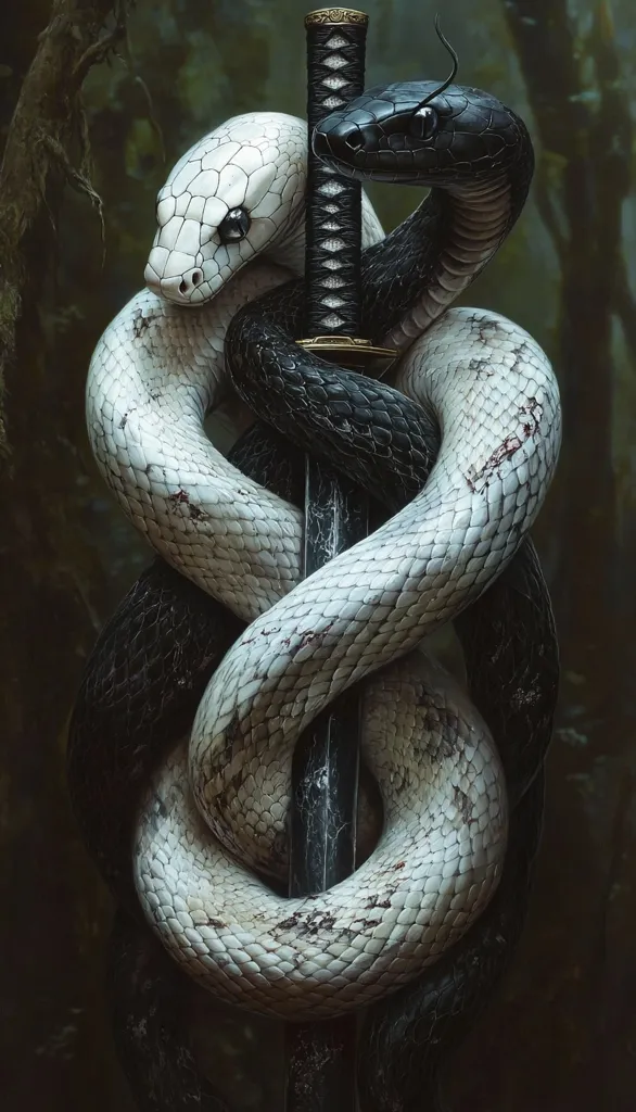 A white snake and a black snake are intertwined around a katana sword, their bodies forming a figure eight. The dark background creates a sense of mystery and danger. The snakes' scales are detailed, highlighting the contrast between their colors. The katana's ornate design adds to the image's aesthetic appeal. The scene suggests a clash of forces or a symbolic representation of duality.