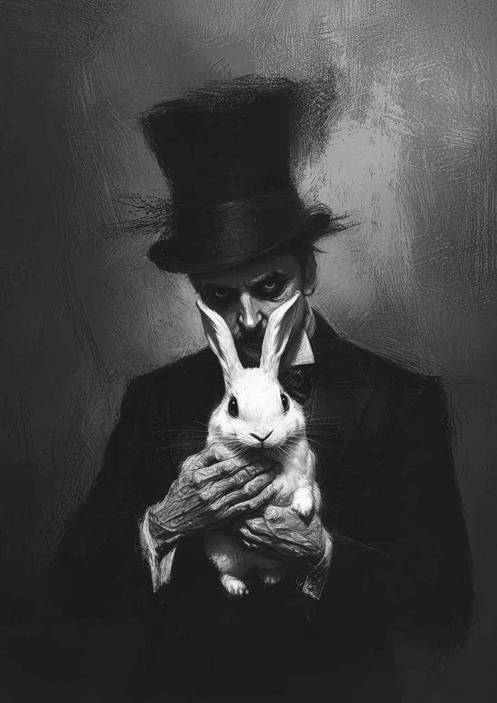 A man in a top hat and a suit is holding a white rabbit in his arms. He is looking down at the rabbit, which is looking directly at the viewer. The image is in black and white, creating a dark and mysterious atmosphere. The man's expression is unreadable, making it unclear whether he is friendly or sinister. The image evokes a sense of wonder and intrigue, leaving the viewer to wonder what secrets the man and the rabbit might hold.