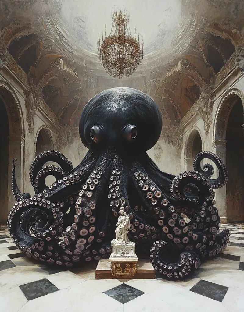 A giant black octopus, with large, intelligent eyes, sits in the center of a ruined, ornate hall. It's surrounded by its thick tentacles, which are adorned with suckers.  The octopus rests on a tiled floor, and above it hangs a large, ornate chandelier. In front of the creature sits a small marble pedestal holding a statue of two people. The image is a surreal and captivating mix of the natural and the man-made, with a sense of grandeur and mystery.