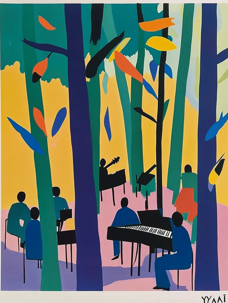 The image is a stylized depiction of a music performance in a forest.  The trees are tall and slender, with flat, colorful leaves. The musicians are simple figures, playing instruments in front of a piano.  The scene is rendered in bold, graphic shapes and vibrant colors.