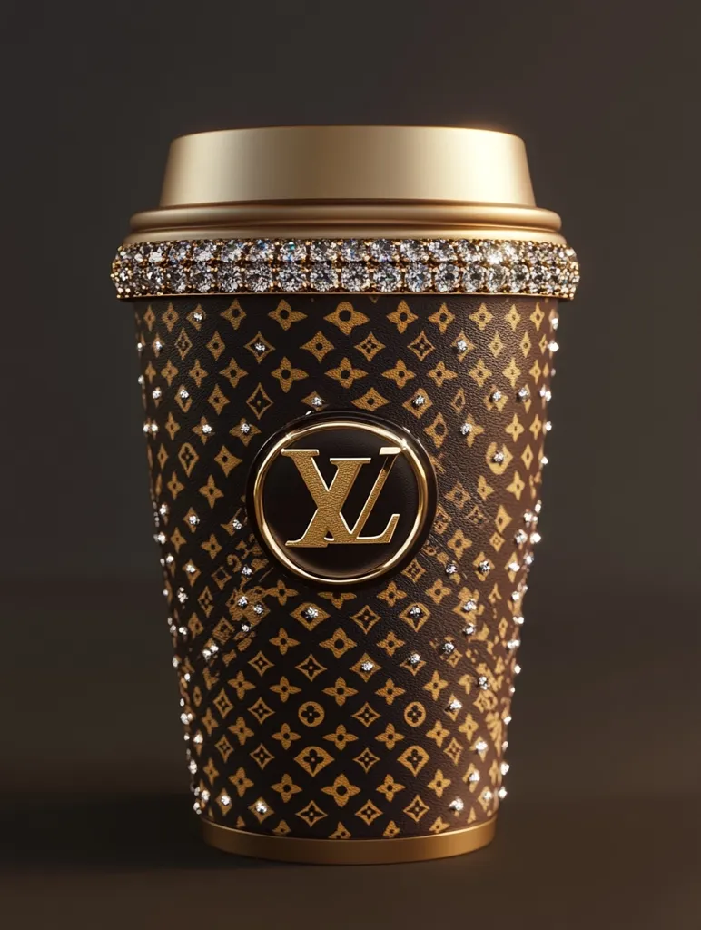 The image shows a luxurious coffee cup designed in the style of the Louis Vuitton brand. It is a tall, cylindrical cup with a golden rim and a band of sparkling diamonds around the top. The body of the cup features the iconic Louis Vuitton monogram pattern in brown and gold, with a large golden "LV" logo in the center. The cup is set against a dark brown background, which enhances its luxurious appearance.