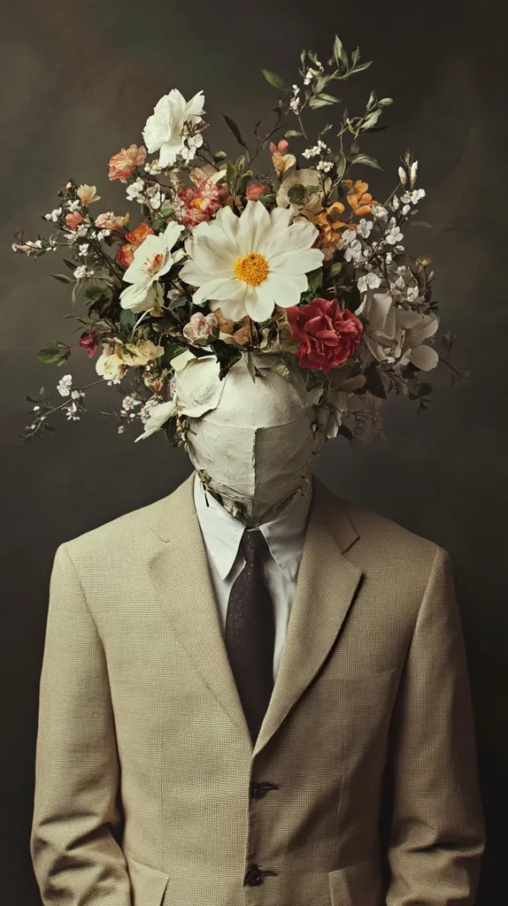 The image depicts a man in a beige suit with a black tie, standing against a green background. His head is covered by a white mask, with a bouquet of flowers blossoming on top, including a large white daisy, red roses, and white and pink flowers. The image is evocative and surreal, conveying a sense of mystery and beauty.
