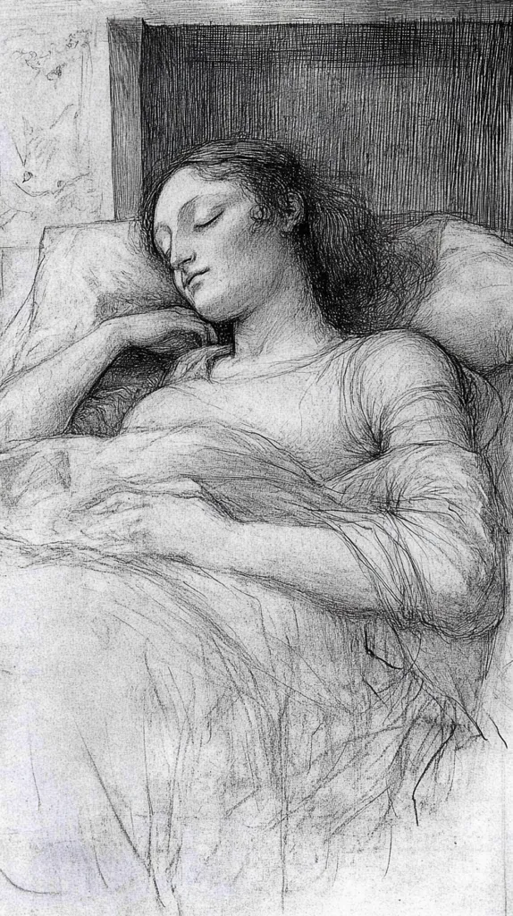 The image is a pencil drawing of a woman sleeping in bed. She is lying on her side, with her head resting on a pillow. Her arm is bent and her hand is resting on her chest. The drawing is done in a realistic style, with a focus on the woman's features and the details of her clothing. The artist has used hatching and cross-hatching to create a sense of depth and shadow. The overall effect is one of peace and tranquility.