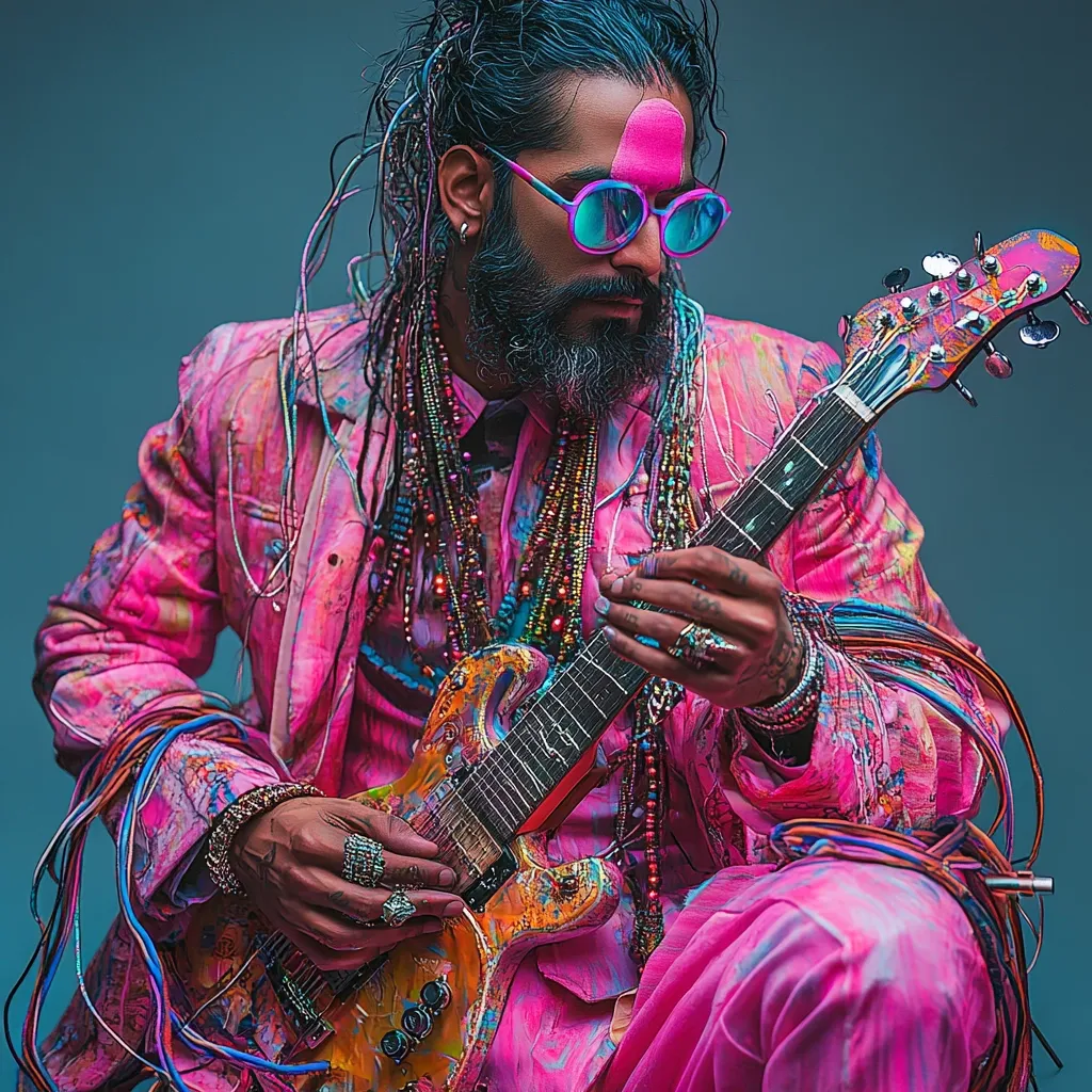 A man with long black hair and a thick beard is wearing a pink suit covered in colorful paint splatters. He is playing a guitar with a pink pickguard and wearing pink sunglasses. He is adorned with numerous colorful beaded necklaces and bracelets, and a pink sticker is on his forehead. The image has a bold and vibrant aesthetic.