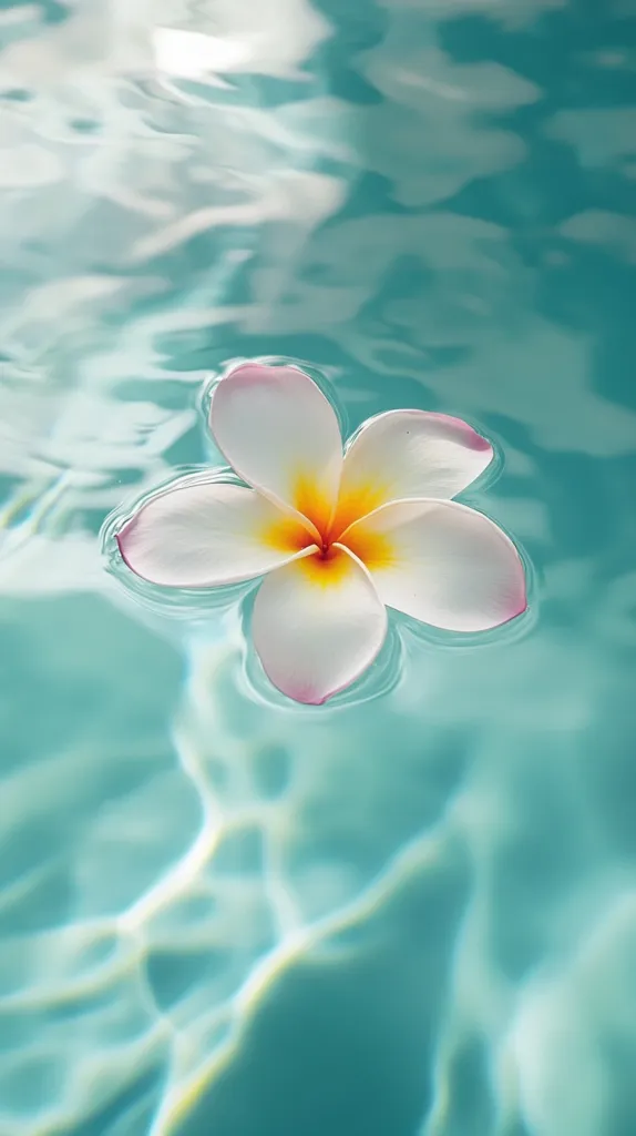 A single white flower with a pink hue and yellow center floats on the surface of a shimmering turquoise pool of water. The flower's petals are delicate and slightly translucent, contrasting beautifully with the vibrant blue of the water. The ripples and reflections on the water create a sense of tranquility and serenity.