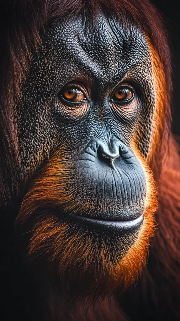 The image shows a close-up of an orangutan's face. The orangutan has dark, shaggy fur and a large, prominent nose. Its eyes are large and brown, with a hint of mischief. The orangutan's mouth is slightly open, as if it is about to speak. The image is taken from a low angle, giving the viewer a close and intimate view of the orangutan's face. The background is blurred, which helps to focus the attention on the orangutan. The overall effect is one of intimacy and curiosity. The orangutan's expression is both intelligent and playful, suggesting that it is a complex and fascinating creature.