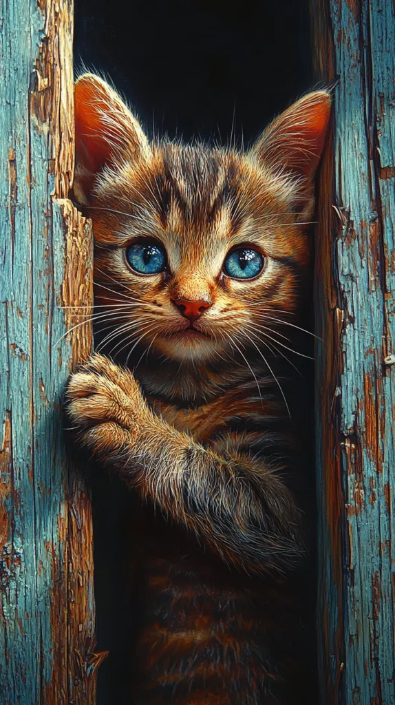 A young tabby cat with piercing blue eyes peeks out from behind a cracked wooden plank. Its fur is a mix of brown and black, and its whiskers twitch as it stares intently at something just out of sight. The background is dark and mysterious, suggesting a sense of intrigue and curiosity. The cat's expression is both playful and cautious, making for a captivating image.