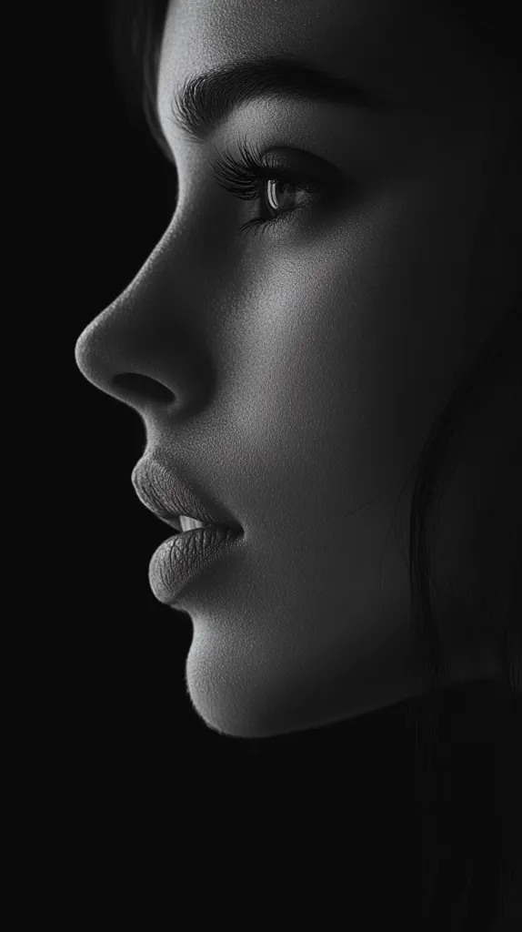 The image is a black and white close-up portrait of a woman's face. The light is focused on her face, highlighting her features: her full lips, defined jawline, and long eyelashes. The background is dark, drawing attention to her face and creating a dramatic and mysterious mood. The image focuses on her gaze, which is directed to the right, conveying a sense of introspection or longing.  The overall aesthetic is sleek and sophisticated, drawing emphasis on the woman's beauty and sensuality.