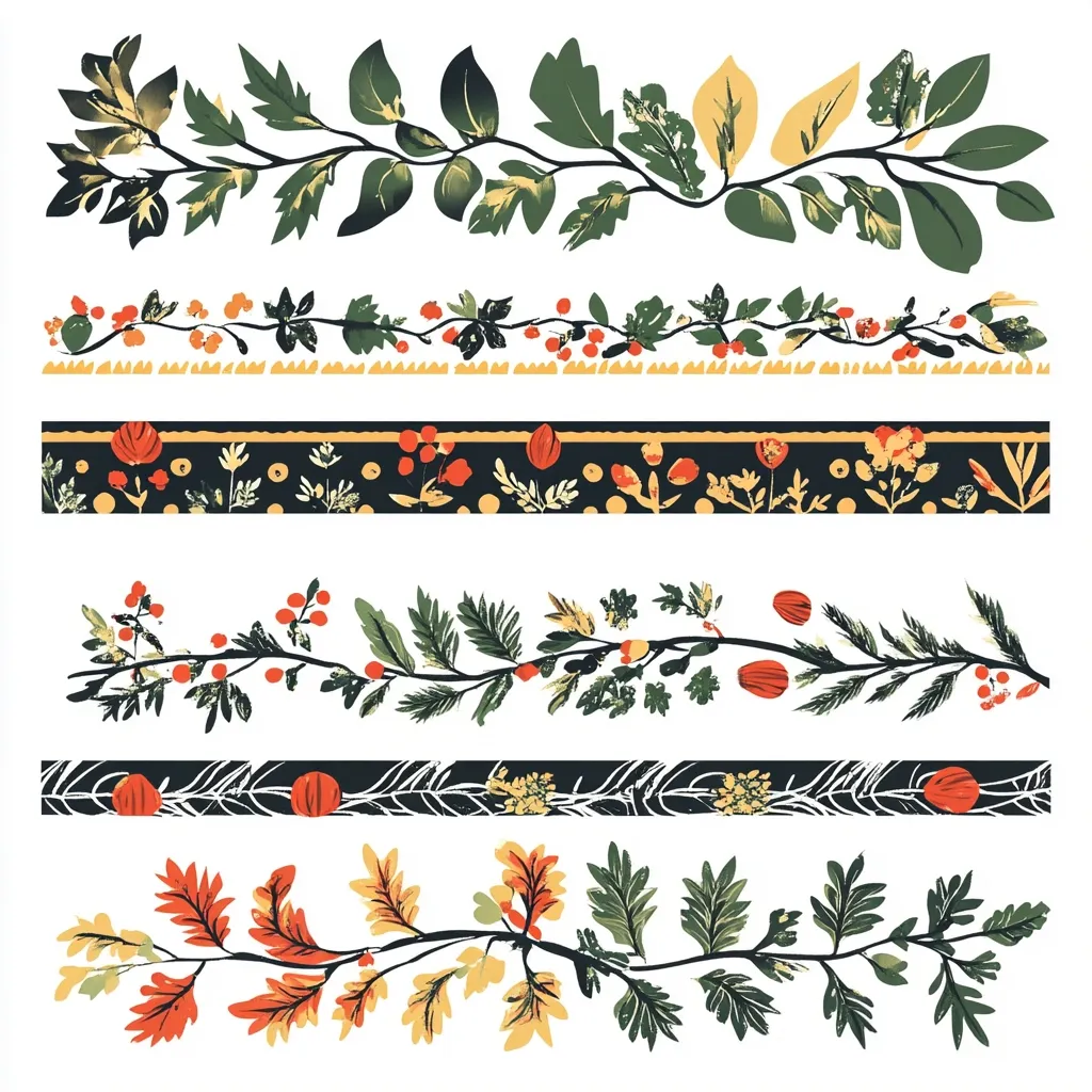 The image contains five horizontal borders with a botanical theme. The top border features a leafy branch with yellow and green leaves. The next border is a repeating pattern of small red berries and leaves on a white background. The third border is a black and gold design with red berries. The fourth border is a repeating pattern of a black and white design on a white background. The last border is a leafy branch with green, yellow and orange leaves. The borders are perfect for adding a touch of nature to any project.