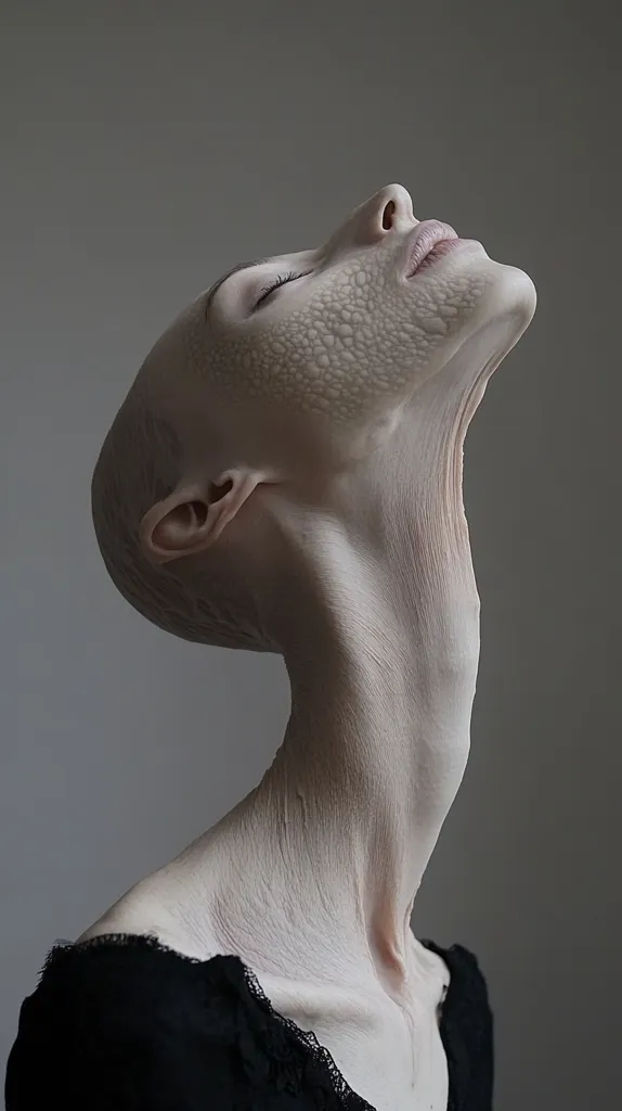 The image shows a person's face and neck, which are covered in wrinkles. Their eyes are closed, and their head is tilted back. The skin is pale and appears to be aged. They are wearing a black lace top. The background is a plain gray. The image is stark and unsettling, evoking a sense of fragility and the passage of time.