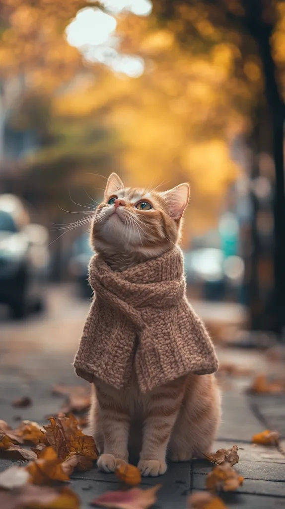 A cute ginger cat wearing a cozy knitted scarf sits on a sidewalk surrounded by fallen autumn leaves. The cat looks up with a curious expression, its bright green eyes shining. The background is blurred, creating a soft and dreamy atmosphere. The image evokes a sense of warmth and comfort, capturing the beauty of the season.