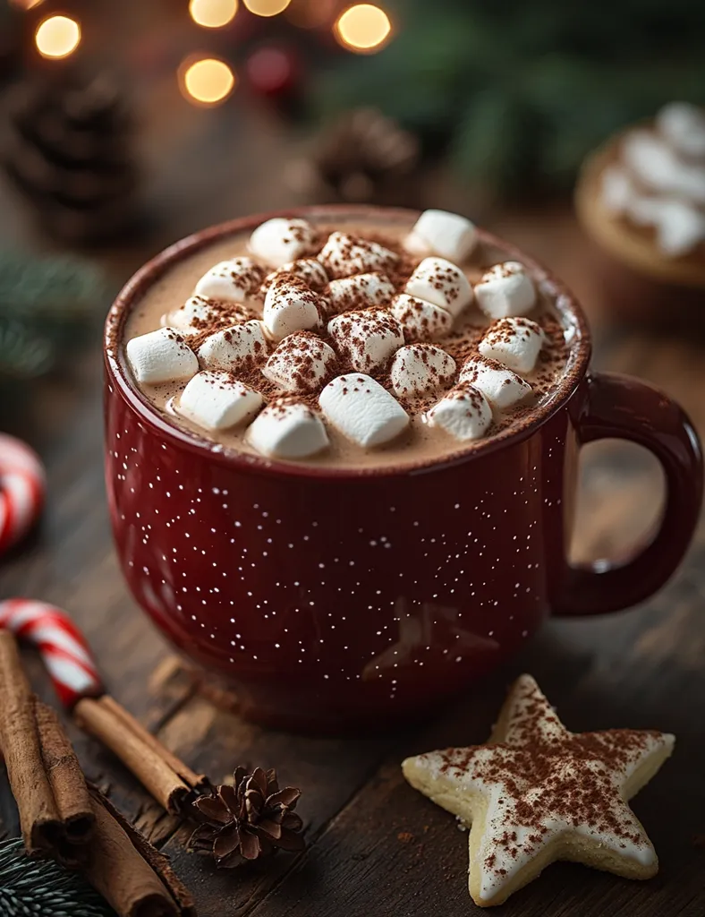 A red mug filled with hot chocolate topped with marshmallows and cocoa powder sits on a wooden table.  The mug is surrounded by festive details, such as cinnamon sticks, a candy cane, and a star-shaped cookie. Warm lighting suggests a cozy winter atmosphere.