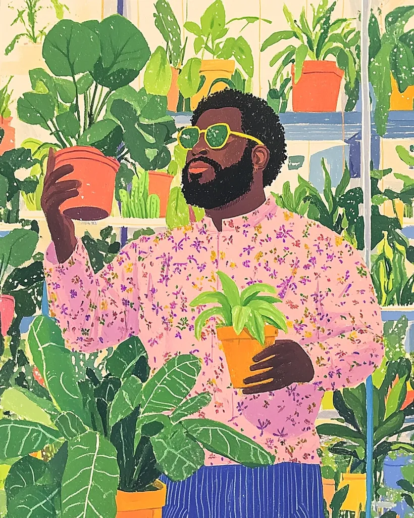 A man with a beard and sunglasses, wearing a pink floral shirt and blue striped pants, stands amidst a vibrant greenhouse filled with various potted plants. He holds a small potted plant in his right hand and a larger potted plant in his left hand. The background is a blur of green foliage and colorful pots, creating a sense of warmth and vibrancy. The image captures a moment of connection between the man and the natural world, highlighting the joy and beauty found in caring for plants.