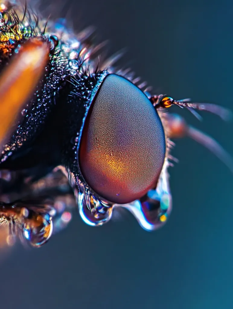 The image is a close-up of a fly's eye, with the lens covered in water droplets. The eye itself is a mesmerizing mix of blue, purple, and orange hues. The water droplets on the eye create a rainbow effect, adding to the image's captivating beauty. The intricate detail of the fly's anatomy is highlighted in this macro photograph, capturing a world rarely seen by the naked eye.