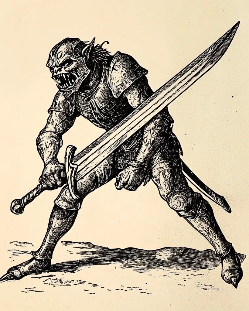 The image is a black and white illustration of a grotesque, armored goblin-like creature with sharp teeth and pointy ears, holding a large sword with a menacing expression. The creature is drawn in a dynamic pose, with its left leg forward and its right leg bent, suggesting movement and aggression. The sword is held with a firm grip, the point aimed forward. The overall image is dark and menacing, conveying a sense of danger and aggression.  The background is simple and light, allowing the creature to stand out as the main focus.