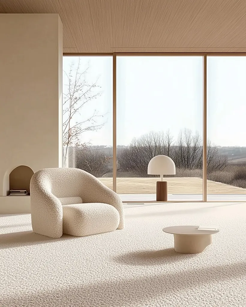 A modern living room with large windows overlooking a rural landscape. A plush white armchair sits on a white shag carpet, facing a small, round coffee table. The room features a white fireplace and a simple wooden ceiling. The overall aesthetic is minimalist and serene.