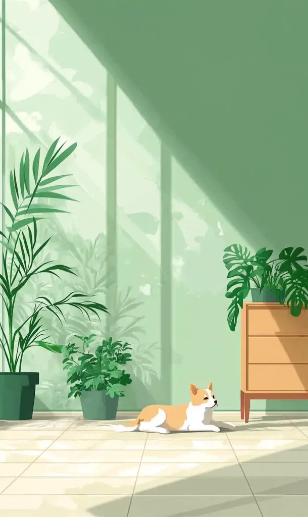 The image depicts a light and airy interior space with a green wall and tiled floor. Sunlight streams in from an unseen window, casting long shadows. Three potted plants and a small dog lying on the floor bring life to the room. A wooden cabinet against the wall adds a touch of warmth. The overall scene is peaceful and serene.