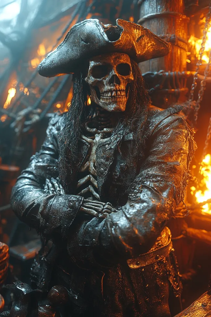 A skeletal pirate captain stands on a ship deck, arms crossed, his bony fingers visible through his tattered leather coat. He wears a tricorn hat, and his skull face is illuminated by a fiery glow behind him. The image conveys a sense of danger and the supernatural, with the fire suggesting a fiery afterlife.  The pirate's posture, with his arms crossed, evokes a sense of command and power, even in death.  The overall atmosphere is one of mystery and intrigue.