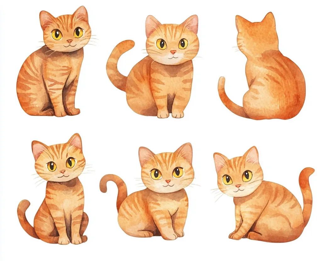 The image features six adorable ginger cats, each depicted in a different pose. They are all sitting on a white background, showcasing their fluffy orange fur and bright, inquisitive eyes. Some cats are looking directly at the viewer, while others are gazing away or showing their back. The watercolor style gives them a charming and whimsical appearance.
