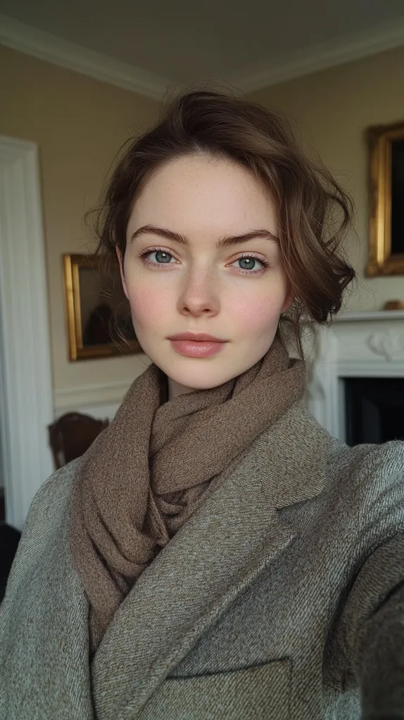 A young woman with long brown hair and light-colored eyes stares directly at the camera. Her hair is pulled back from her face, showcasing her features, and she is wearing a brown scarf over a grey jacket. The woman's backdrop features an ornate fireplace and a painting on the wall. The image has a soft focus, giving it a dreamy quality.