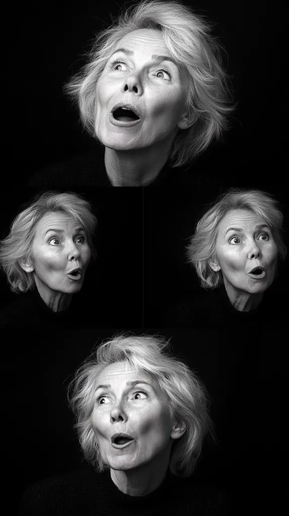 The image features a woman with white hair in four different poses. In each pose, her mouth is open and her eyes are wide, as if she's surprised or shocked. The photos are in black and white, and the woman is framed against a dark background. She looks slightly different in each picture, as if she's trying to express a different emotion with each expression.  Her facial expressions are captivating, conveying a sense of surprise and intrigue.
